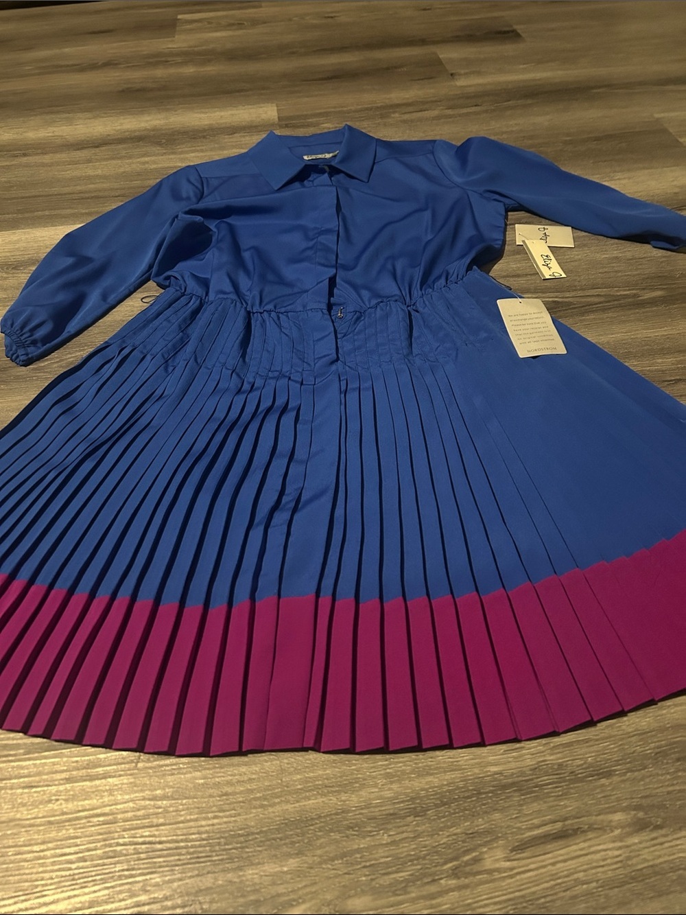 Eliza J Blue and Magenta Pleated Long Sleeve Dress - Picture 2 of 8